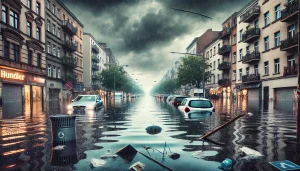 DALL·E 2024-09-02 11.11.54 - A widescreen image depicting severe inner-city flooding caused by a powerful storm. The scene shows a flooded urban street with water levels reaching