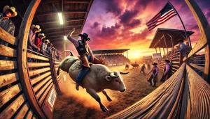 cowboy is riding a bucking bull